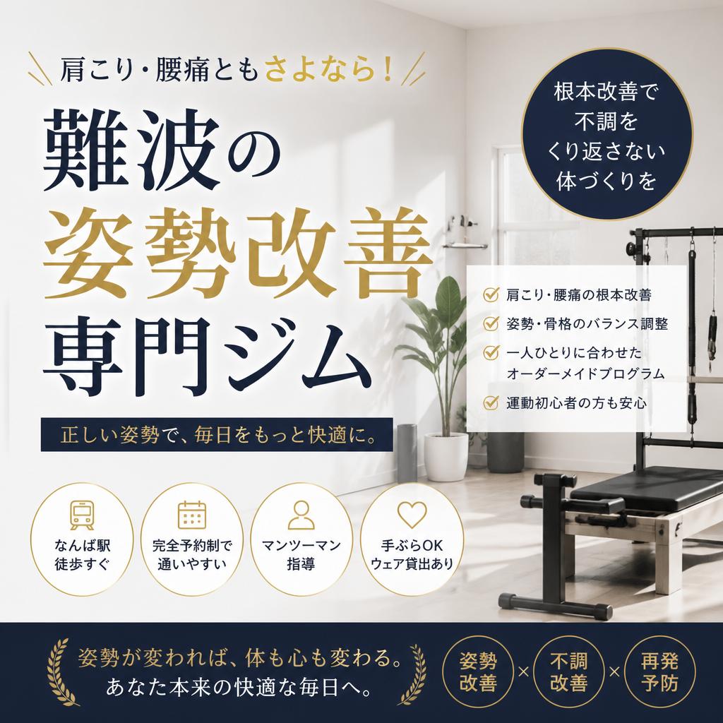 肩こり・腰痛ともさよなら！難波の姿勢改善専門ジム