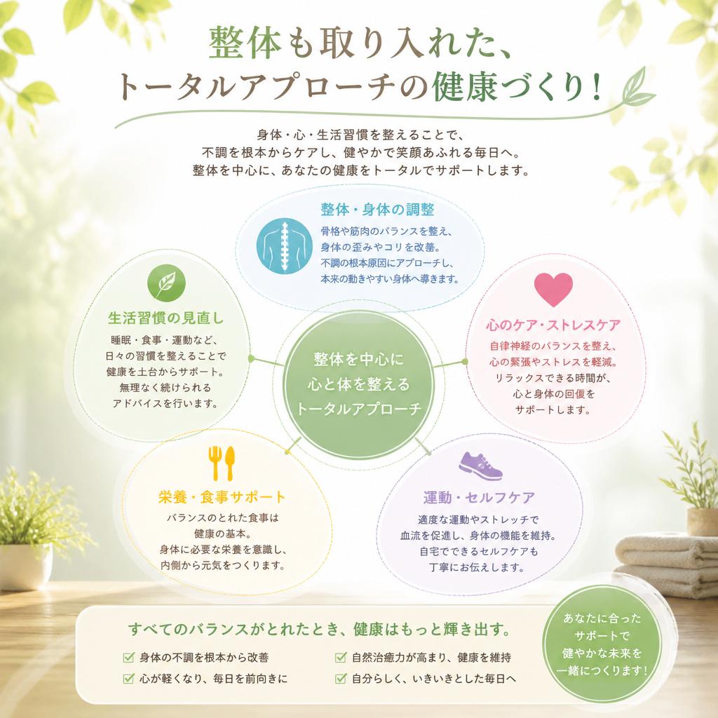 整体も取り入れた、トータルアプローチの健康づくり！