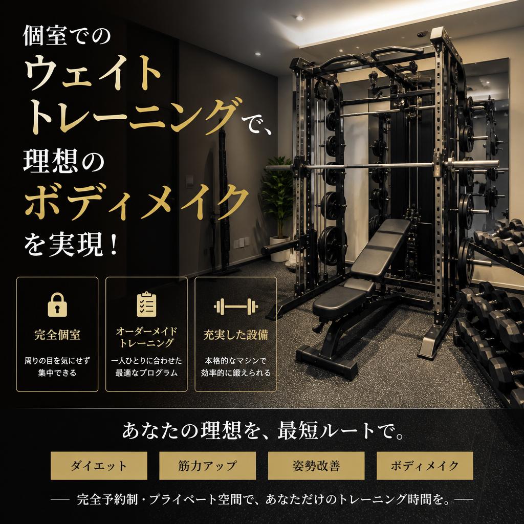 個室でのウェイトトレーニングで、理想のボディメイクを実現！
