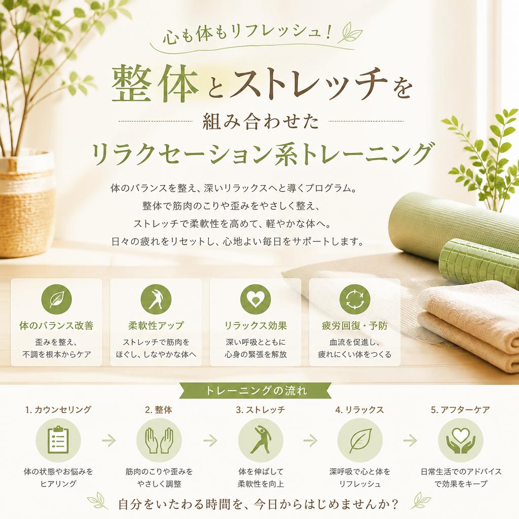 心も体もリフレッシュ！整体とストレッチを組み合わせたリラクセーション系トレーニング