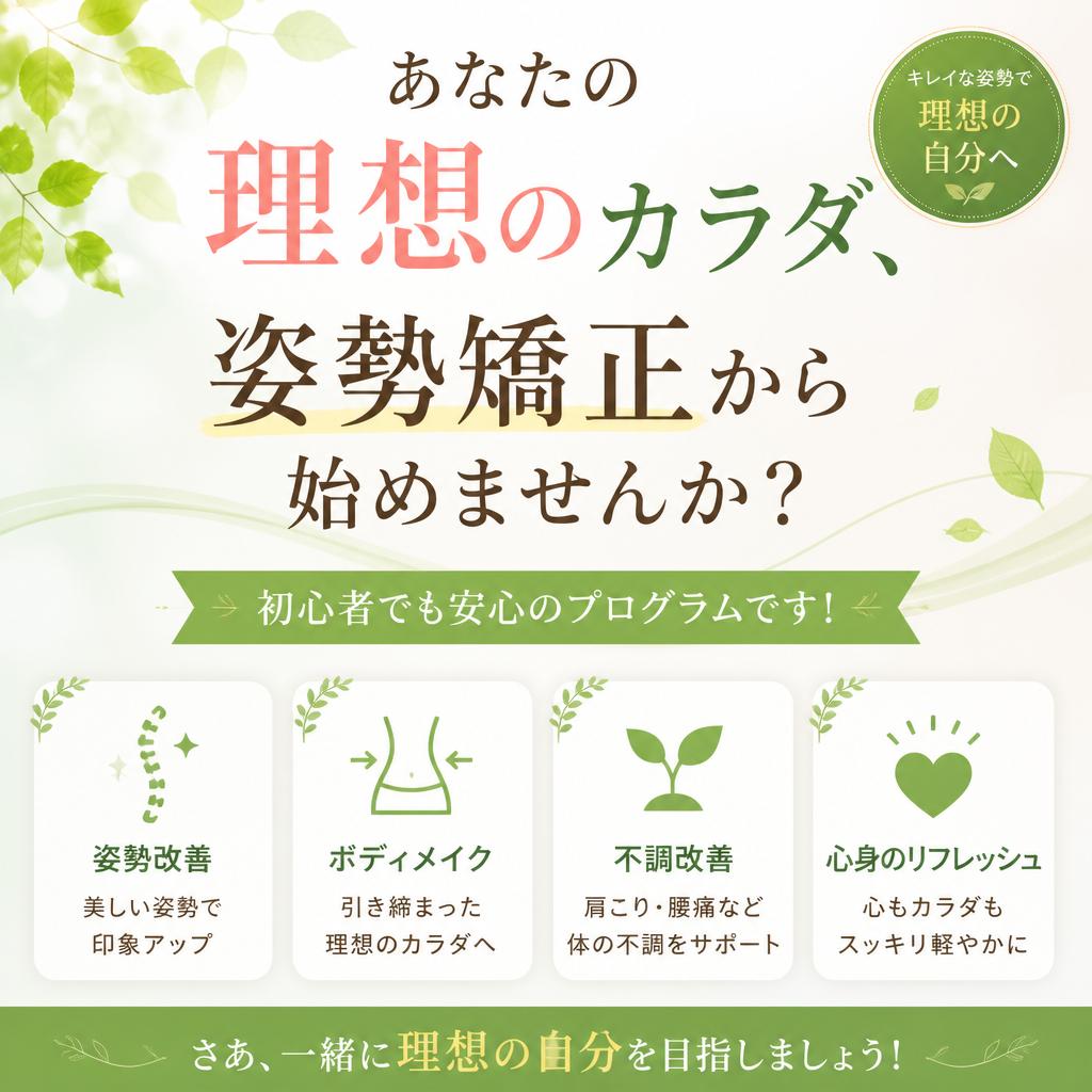 あなたの理想のカラダ、姿勢矯正から始めませんか？初心者でも安心のプログラムです！