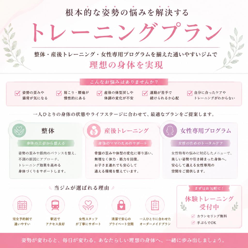 根本的な姿勢の悩みを解決するトレーニングプラン｜整体、産後トレーニング、女性専用プログラムを揃えた通いやすいジムで理想の身体を実現